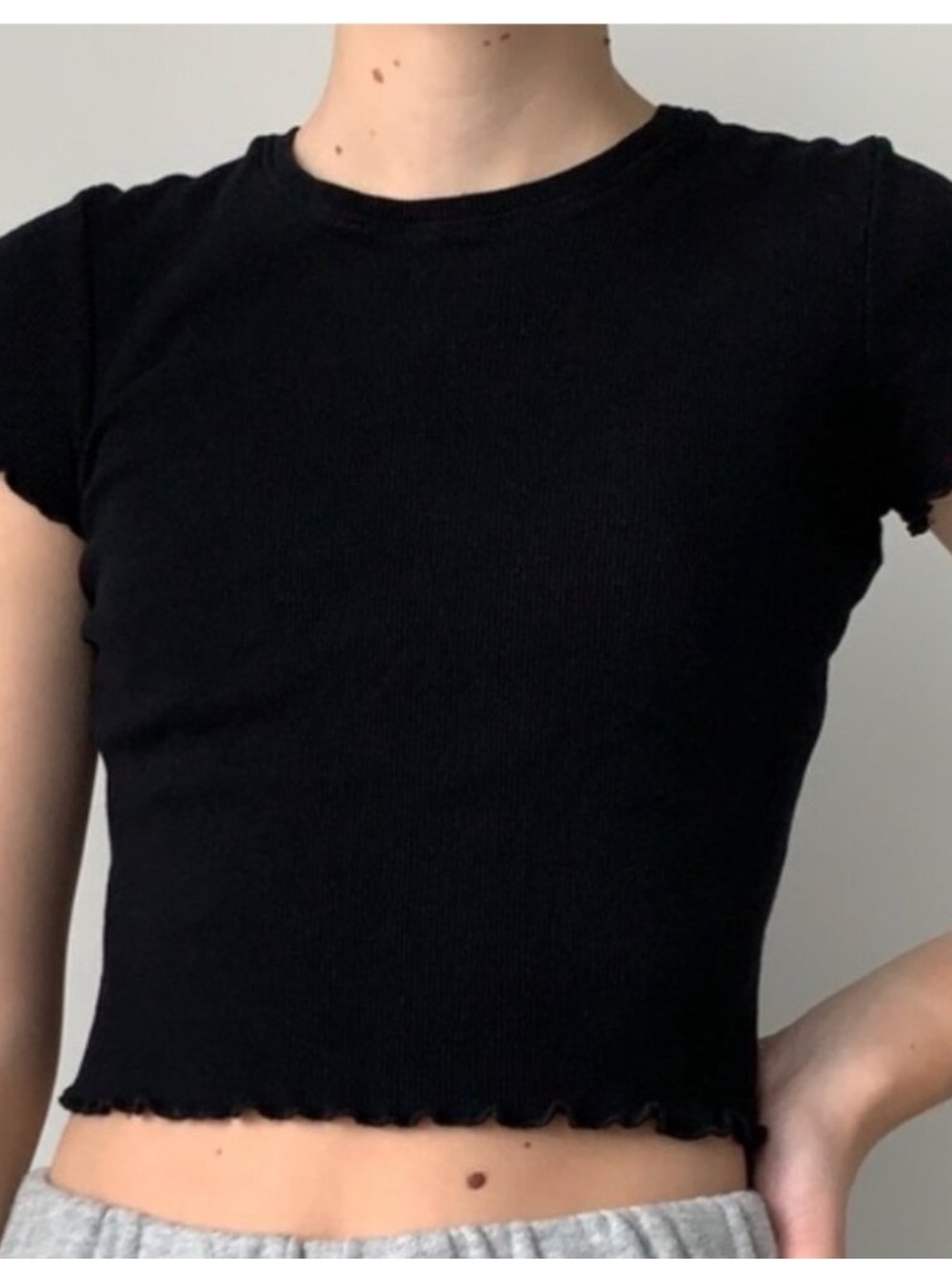 Brandy Melville Black Ribbed Lettuce-Edge Crop Tee